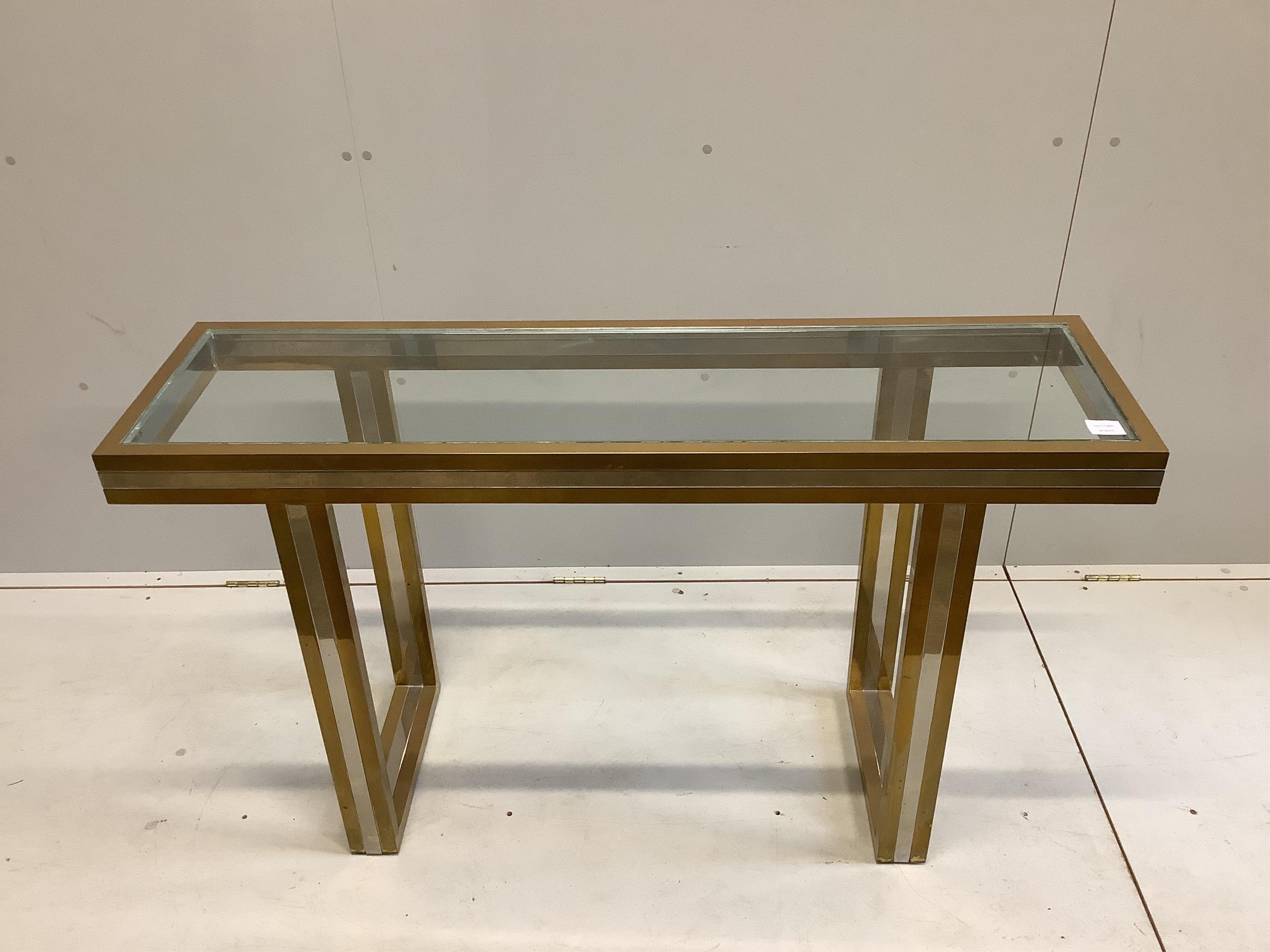 A glass and brass console table by Willy Rizzo, Nice South of France, width 130cm, depth 37cm, height 76cm